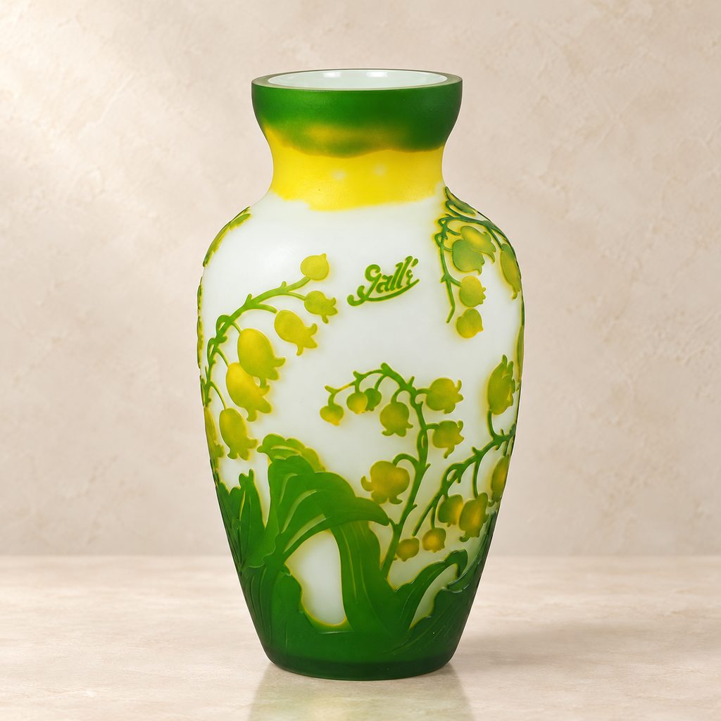 Vase en verre camée décor muguet vert et jaune, face avec inscription gravée