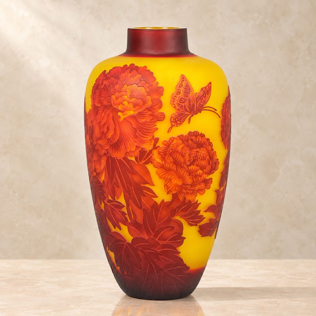 Vase en verre multicouche décor pivoines et papillon, face pivoines papillon