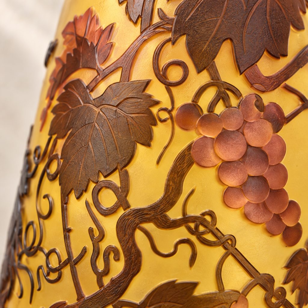 Vase en verre multicouche à décor de vigne et raisins, détail feuilles vigne
