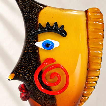 Vase visage abstrait en verre style Murano orange et noir, détail œil bleu cils dos