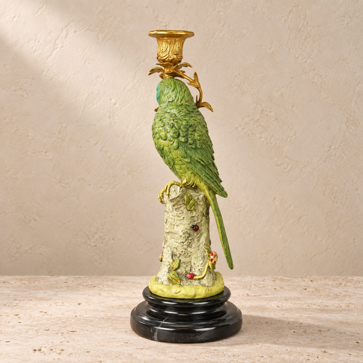 Bougeoir perroquet en bronze polychrome sur socle marbre, vue de profil dos
