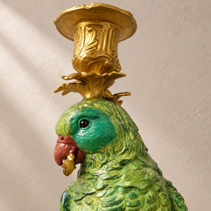 Bougeoir au perroquet vert en bronze polychrome sur socle, vue de profil dos