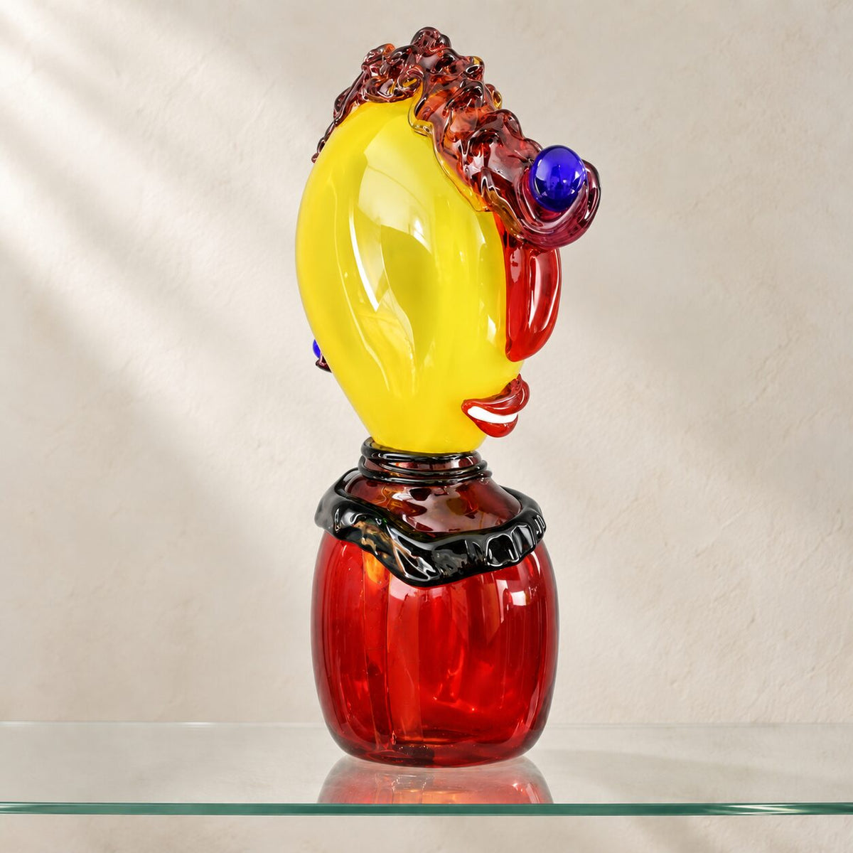 Buste de clown en verre soufflé polychrome, profil, nez en verre rouge