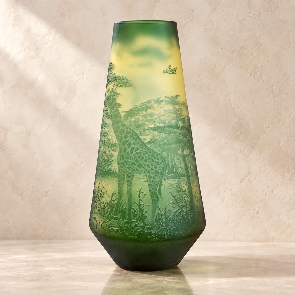 Vase camée en verre multicouche décor girafes et savane, face girafes acacia