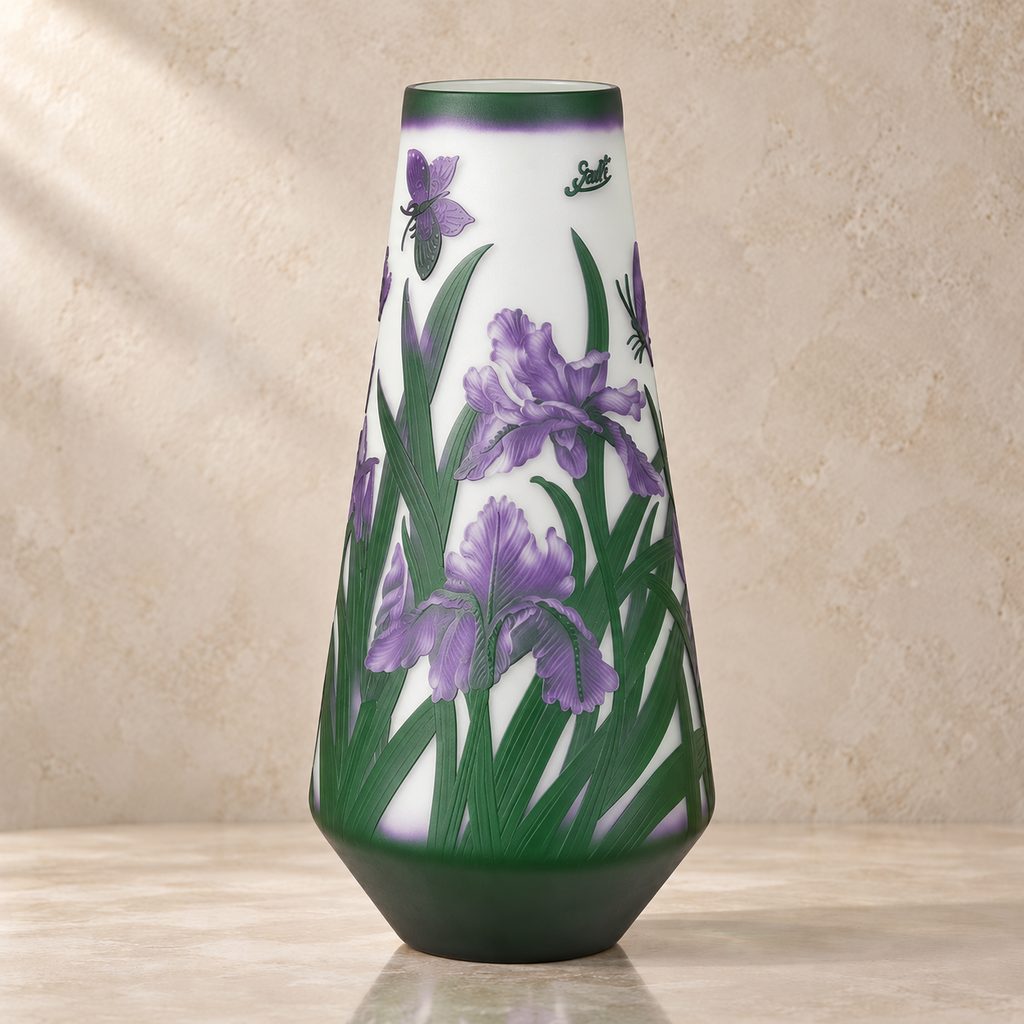 Vase camée en verre multicouche décor iris et libellule, face secondaire