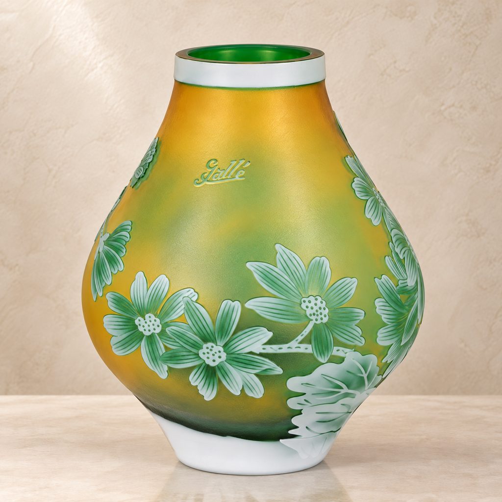 Vase camée en verre multicouche à décor de marguerites, face avec inscription gravée