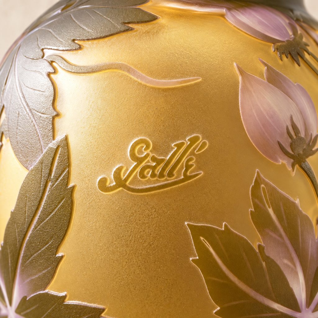 Vase camée en verre multicouche décor de pivoines et feuillages, détail de l'inscription gravée