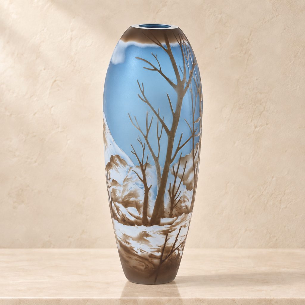 Vase camée en verre multicouche, vol de faisans en hiver, face arbres hiver