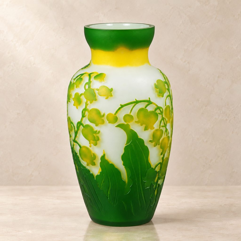 Vase en verre camée décor muguet vert et jaune, face secondaire