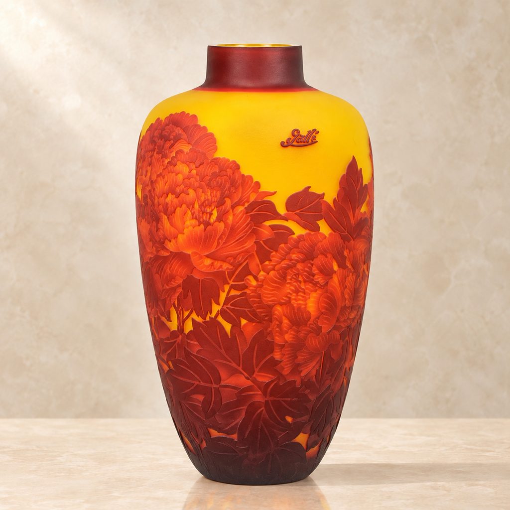 Vase en verre multicouche décor pivoines et papillon, face avec inscription gravée
