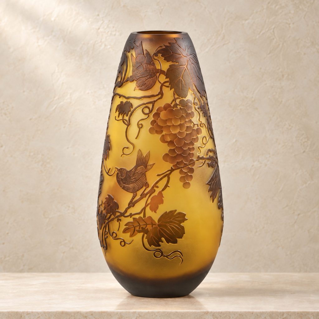 Vase en verre multicouche à décor de vigne et raisins, face oiseau