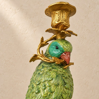 Bougeoir perroquet en bronze polychrome sur socle marbre, détail tête profil arrière