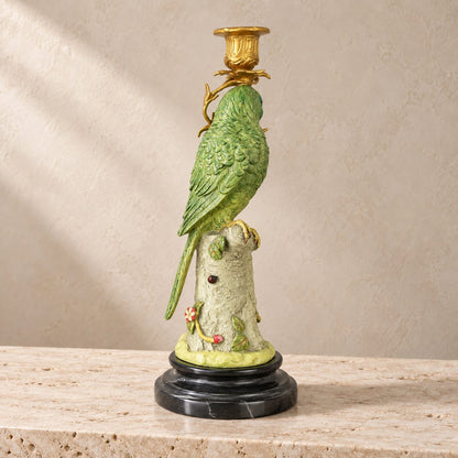 Bougeoir au perroquet vert en bronze polychrome sur socle, détail tête profil arrière