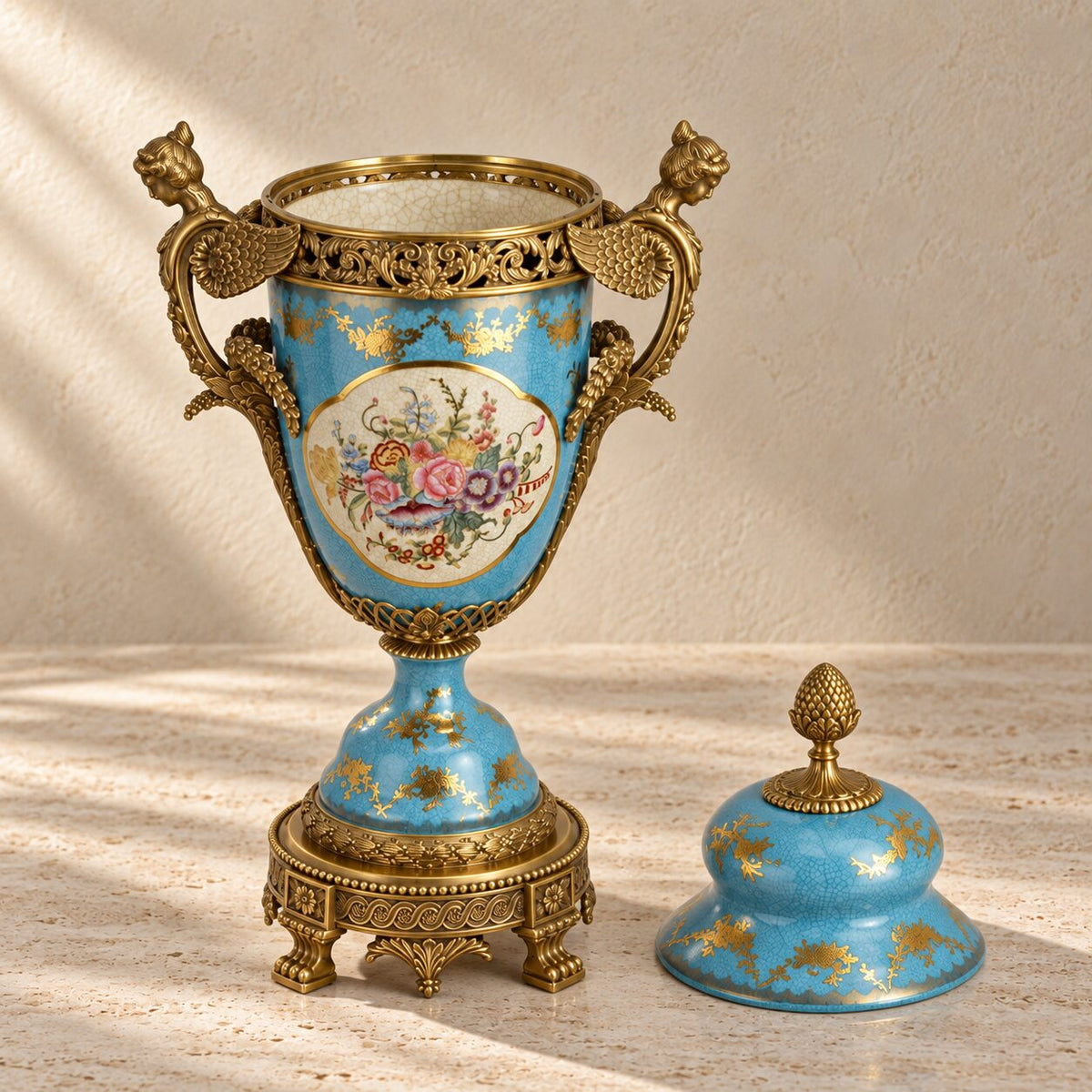 Potiche couverte en porcelaine bleu céleste et bronze doré, vue d'ensemble angle 2