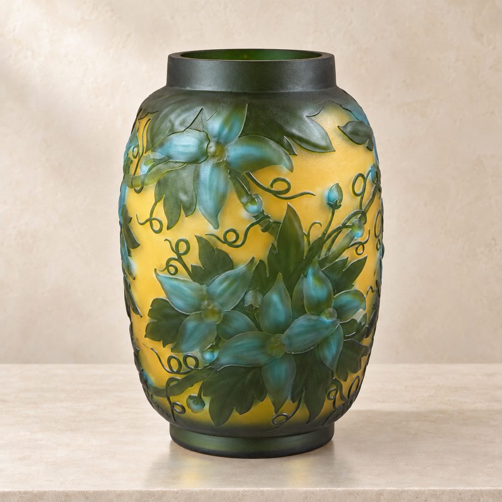 Vase camée Art Nouveau à décor de clématites vertes et bleues, face clématites bleues