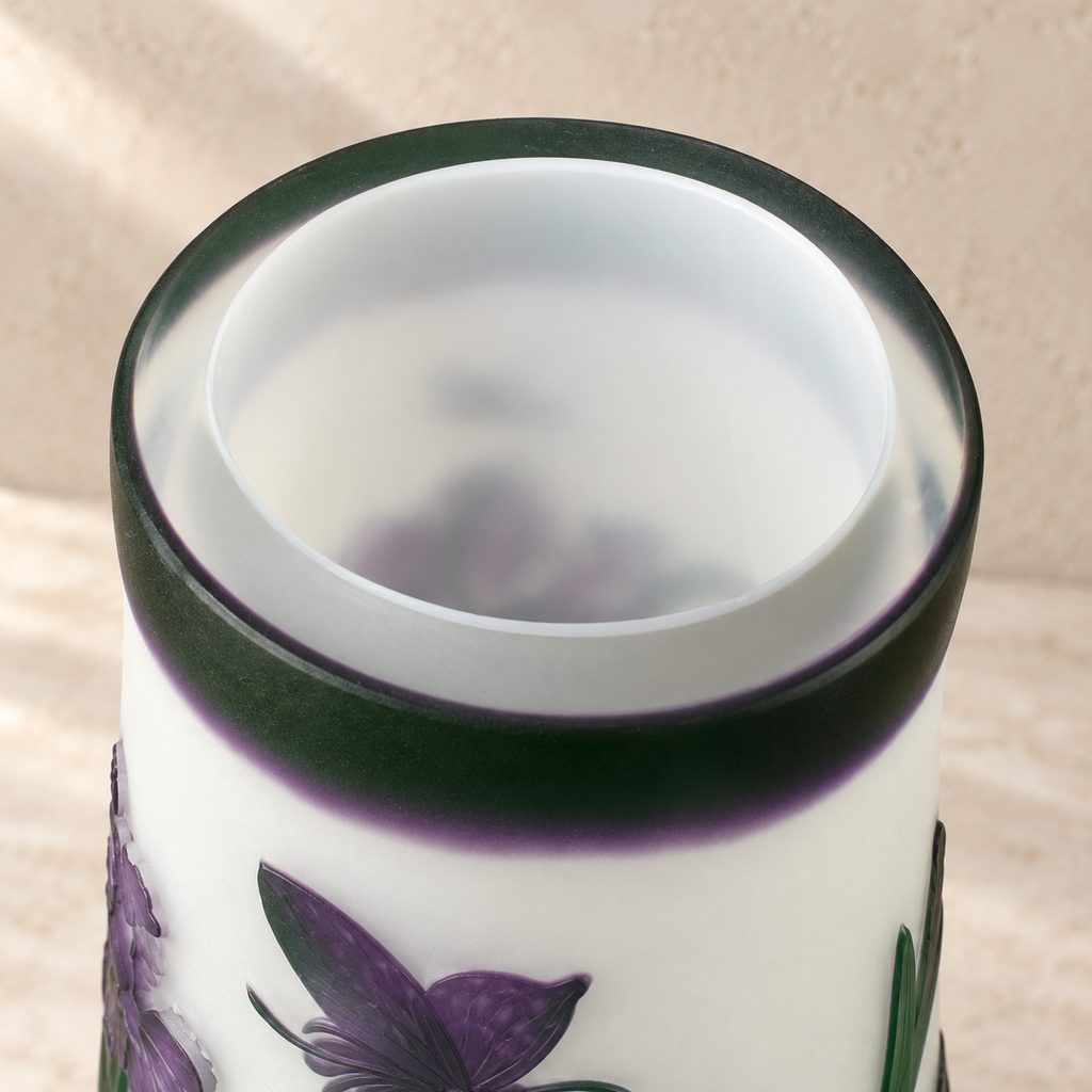 Vase camée en verre multicouche décor iris et libellule, détail ouverture