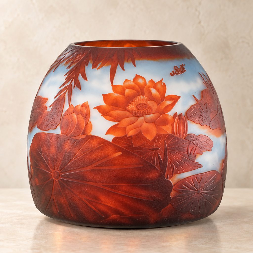 Vase camée en verre multicouche à décor de nénuphars, face nénuphar lotus