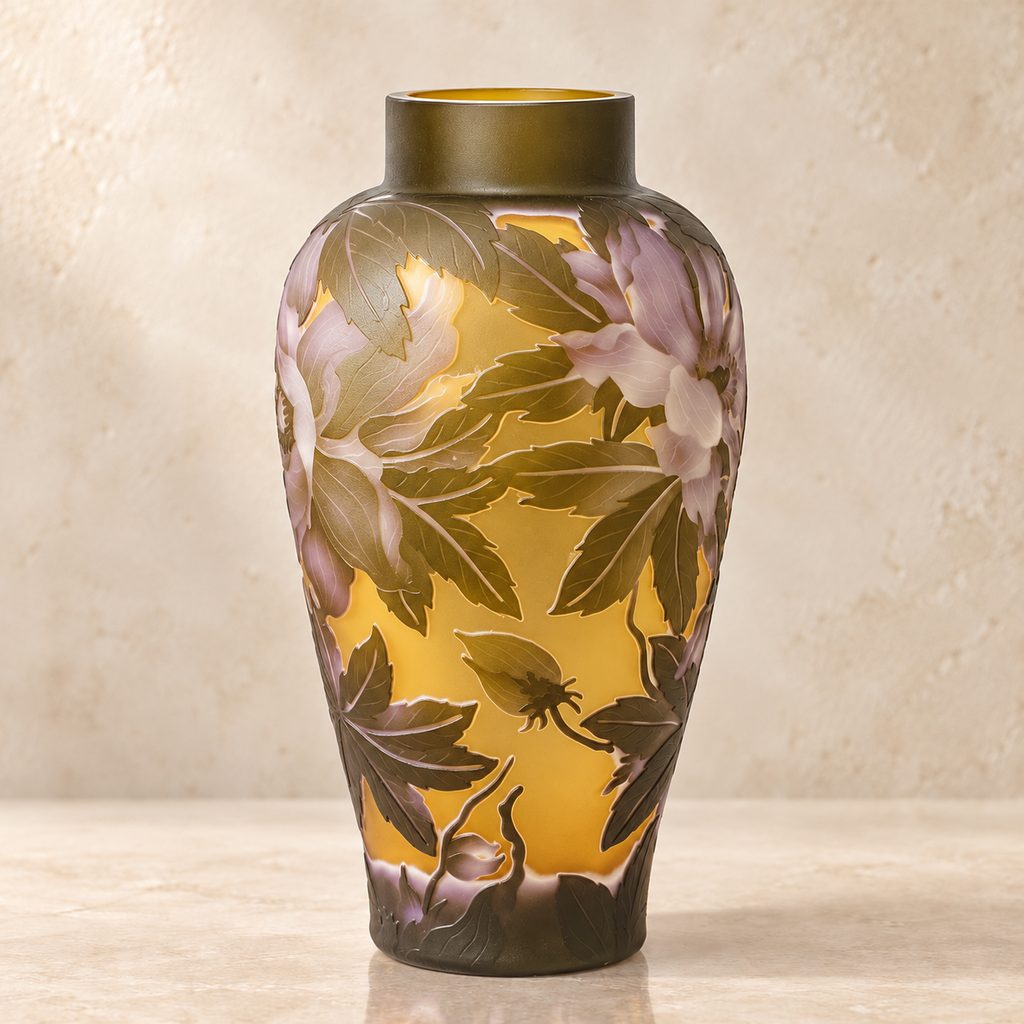 Vase camée en verre multicouche décor de pivoines et feuillages, face secondaire
