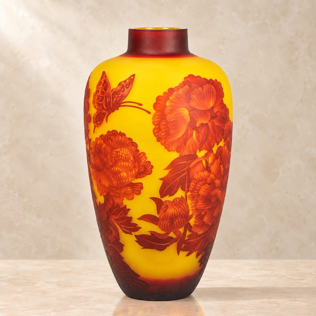 Vase en verre multicouche décor pivoines et papillon, vue de trois quarts