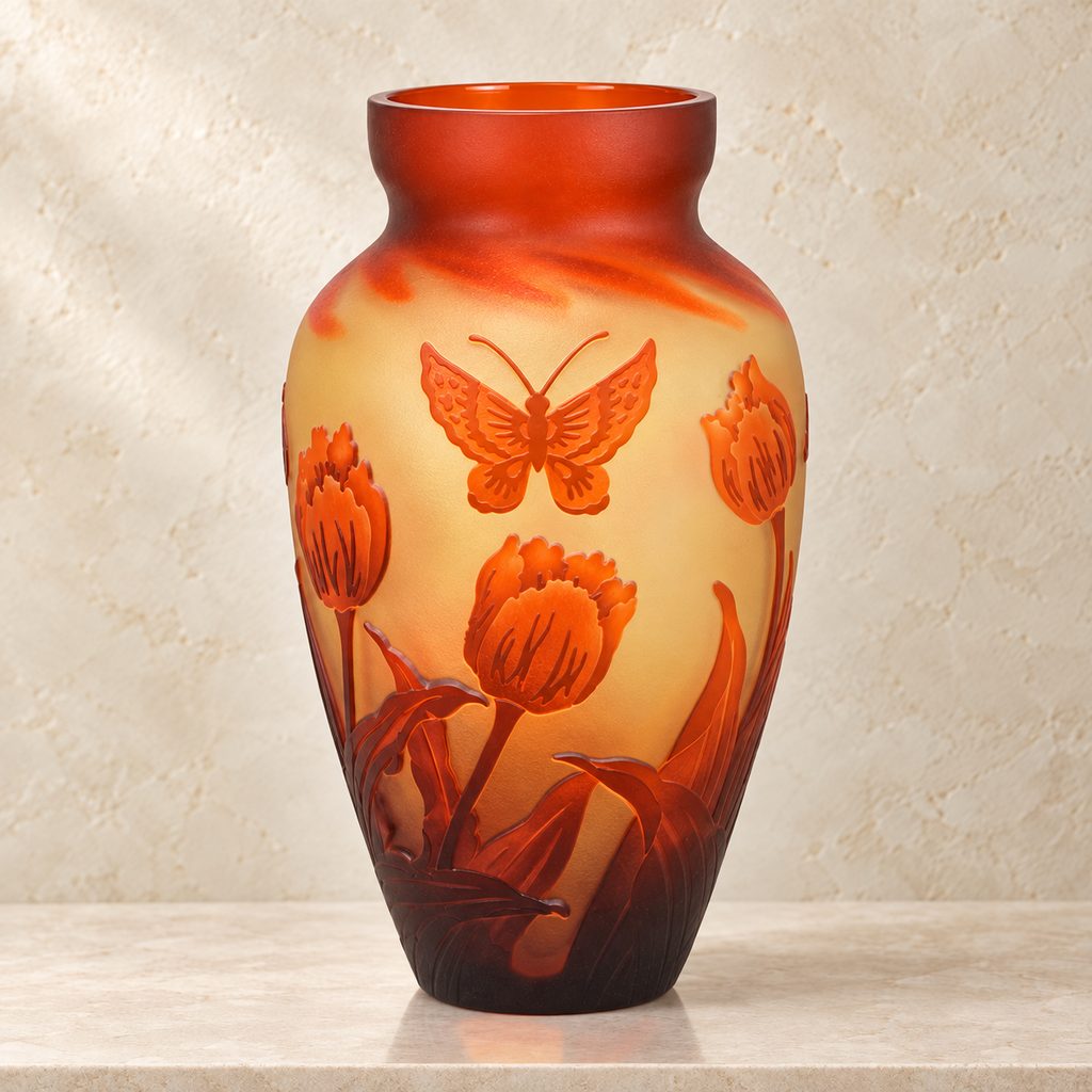 Vase en verre multicouche décor tulipes et papillon, face papillon tulipes