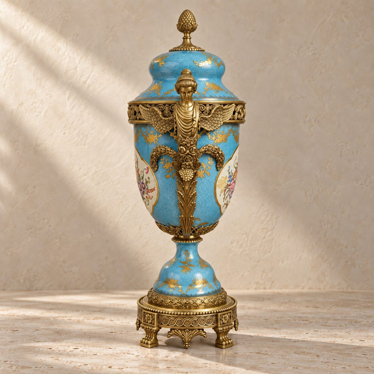 Potiche couverte en porcelaine bleu céleste et bronze doré, détail pied base bronze gros plan
