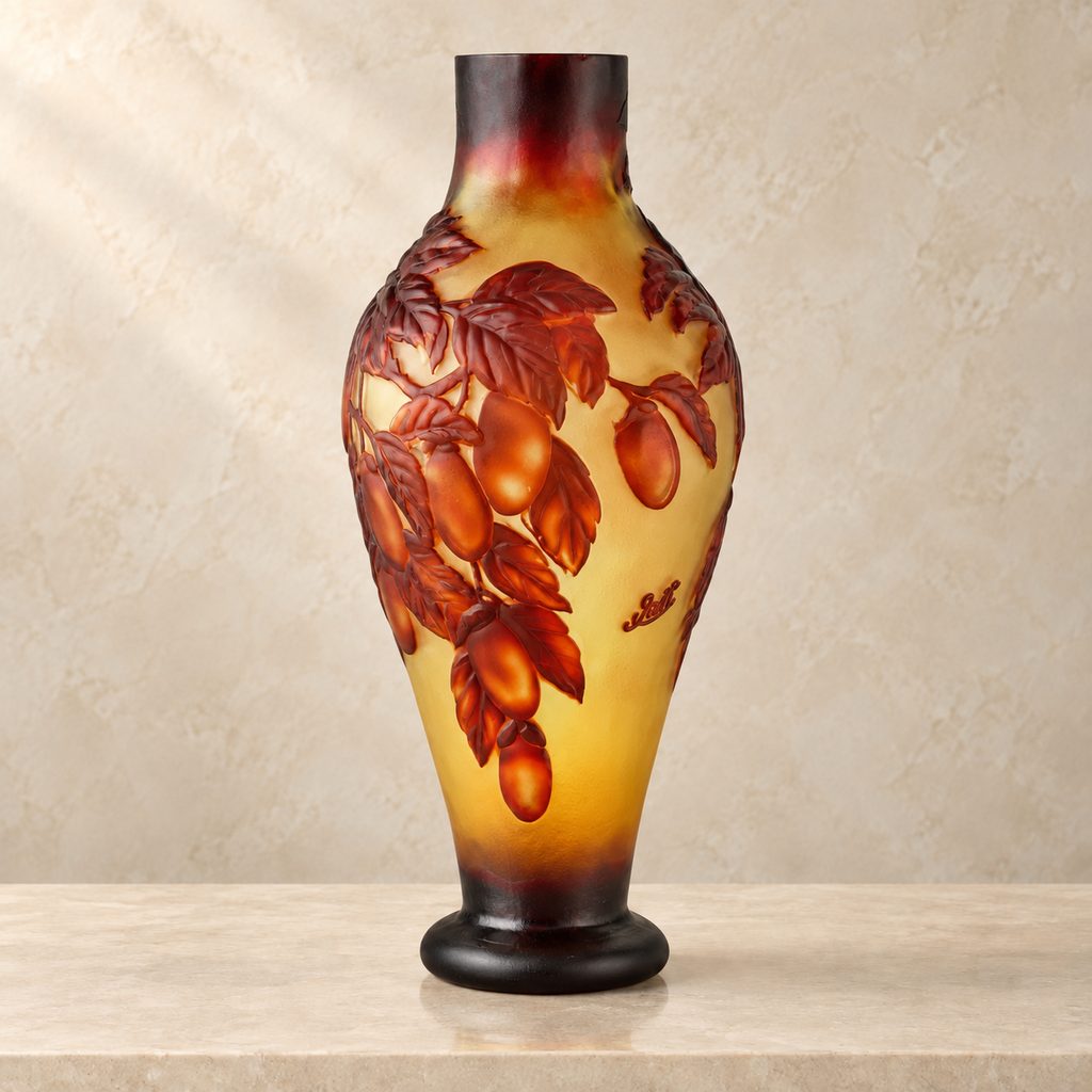 Vase balustre en verre multicouche décor de prunes, vue de trois quarts