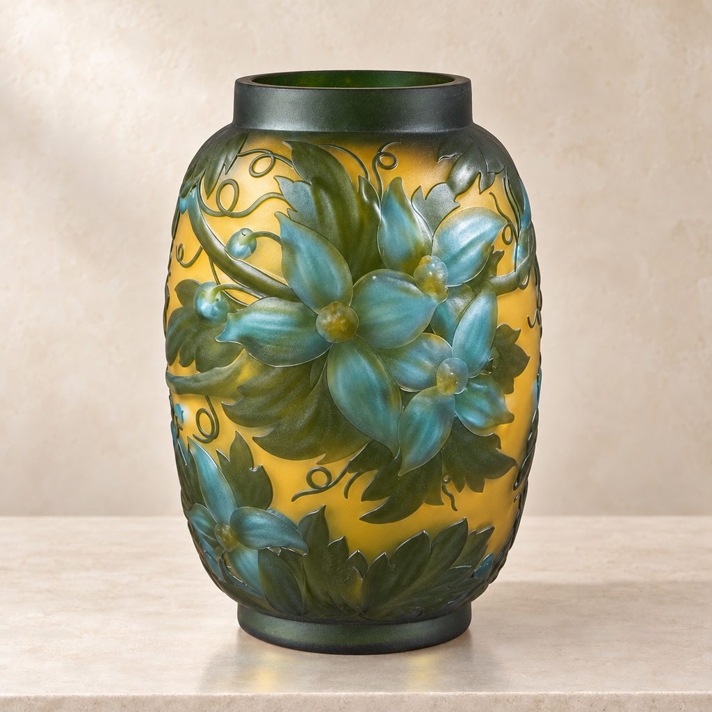Vase camée Art Nouveau à décor de clématites vertes et bleues, vue de trois quarts
