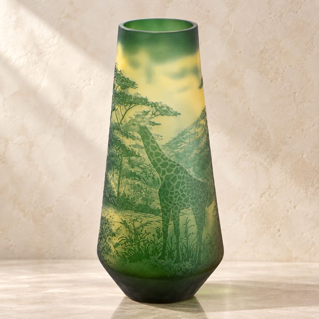 Vase camée en verre multicouche décor girafes et savane, face secondaire