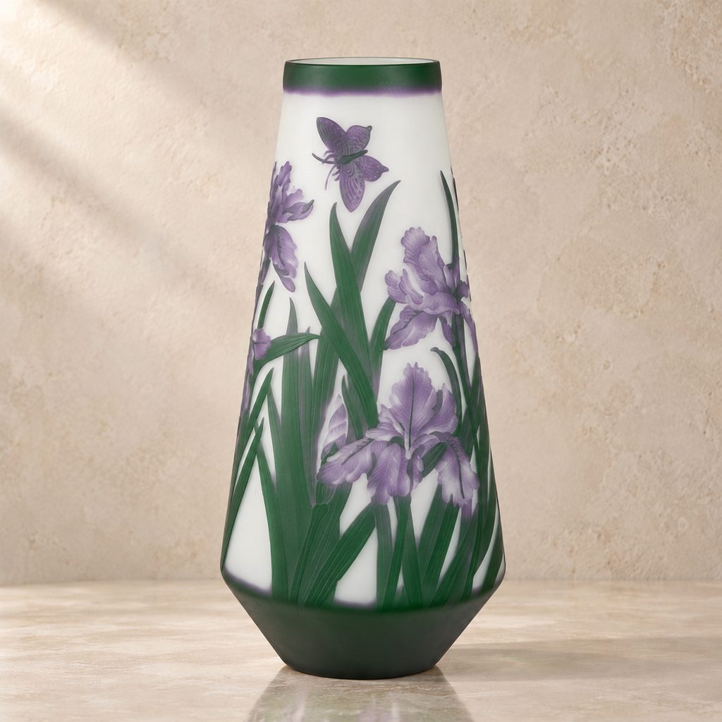 Vase camée en verre multicouche décor iris et libellule, vue de trois quarts
