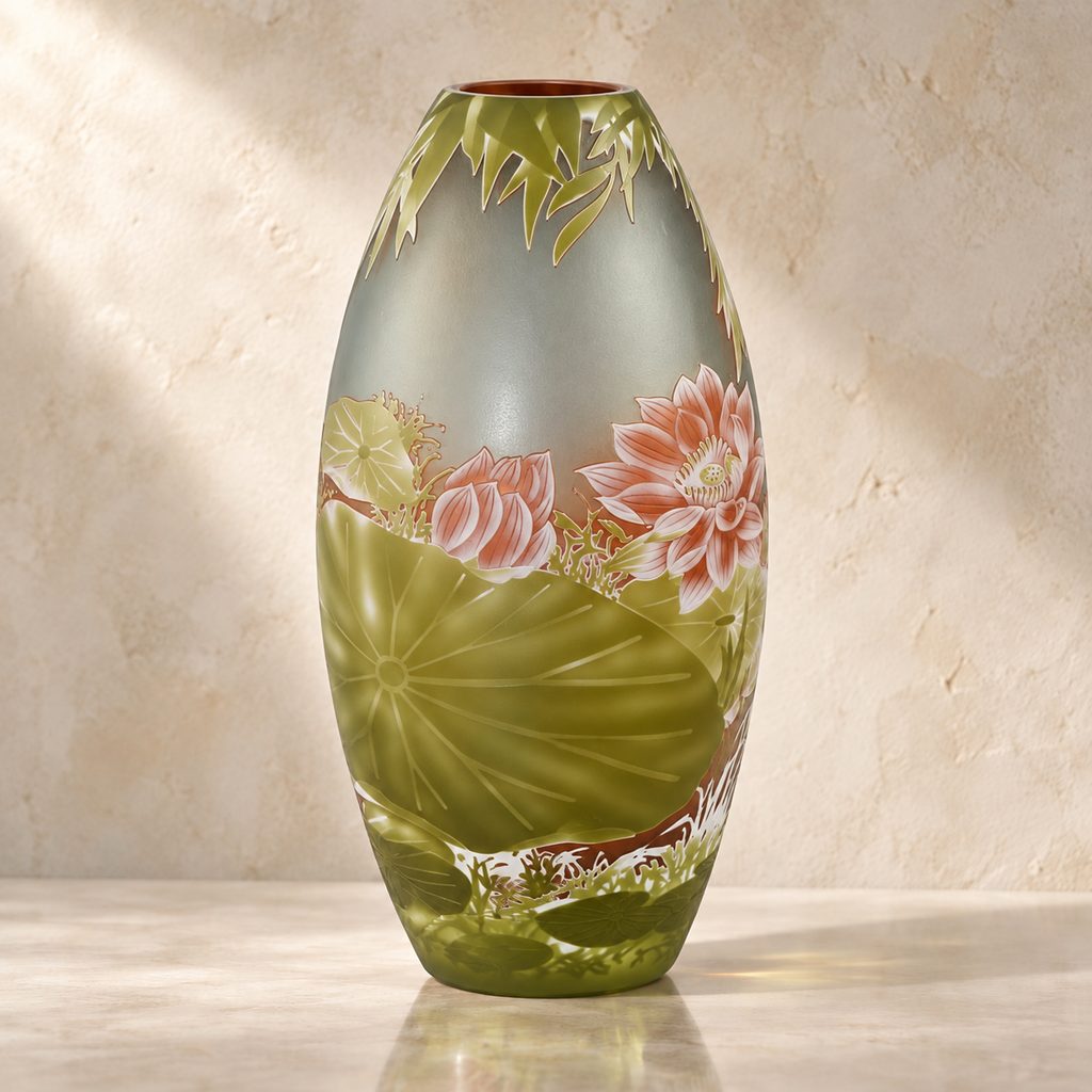 Vase camée en verre multicouche décor nénuphars et lotus, face feuilles nénuphar