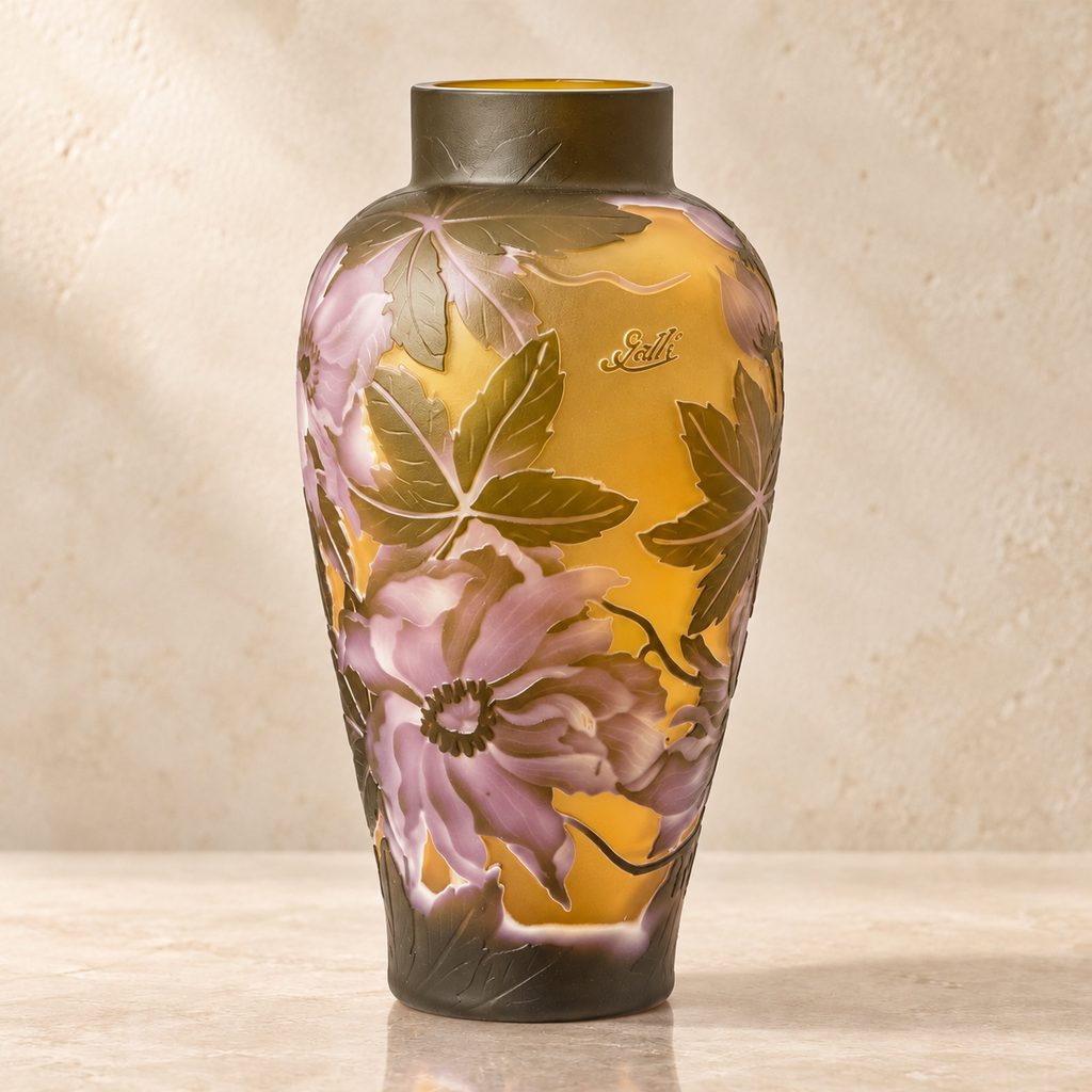 Vase camée en verre multicouche décor de pivoines et feuillages, face pivoines feuillages