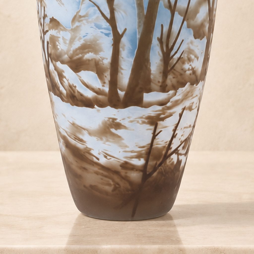 Vase camée en verre multicouche, vol de faisans en hiver, détail bas vase