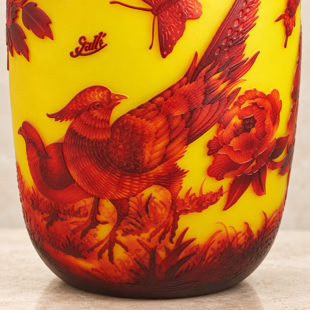 Vase en verre multicouche décor pivoines et perdrix, détail perdrix et inscription gravée
