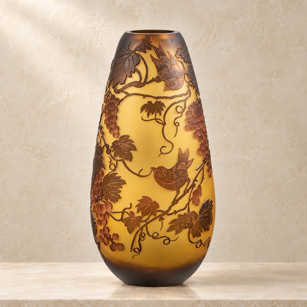 Vase en verre multicouche à décor de vigne et raisins, vue de trois quarts