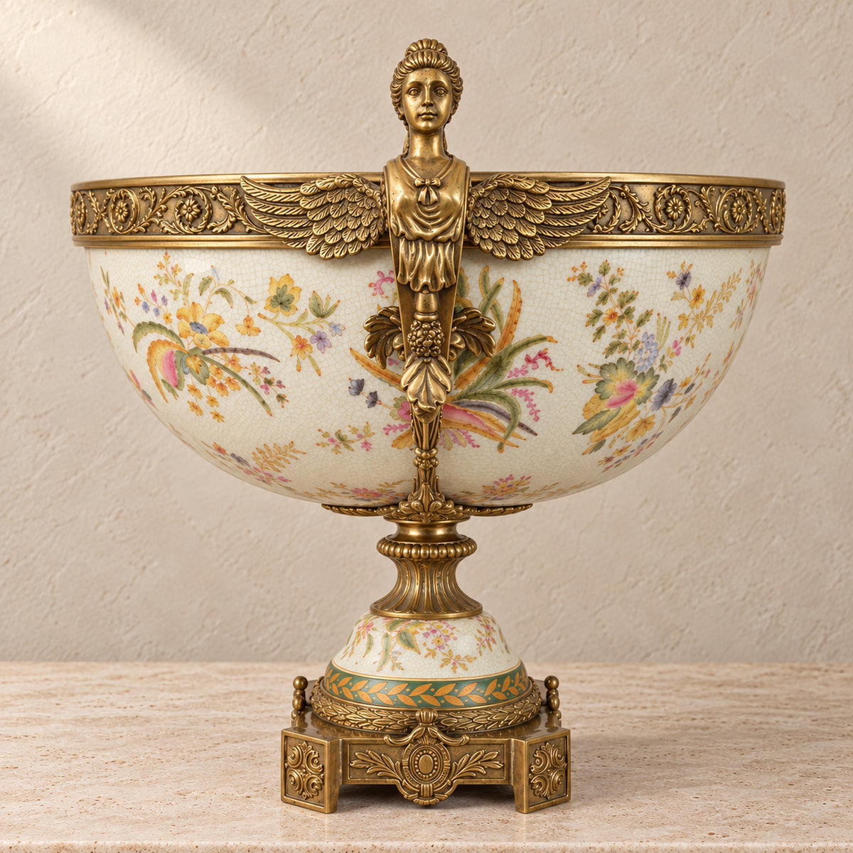 Coupe en porcelaine craquelée à décor floral, monture bronze - H. 42 cm