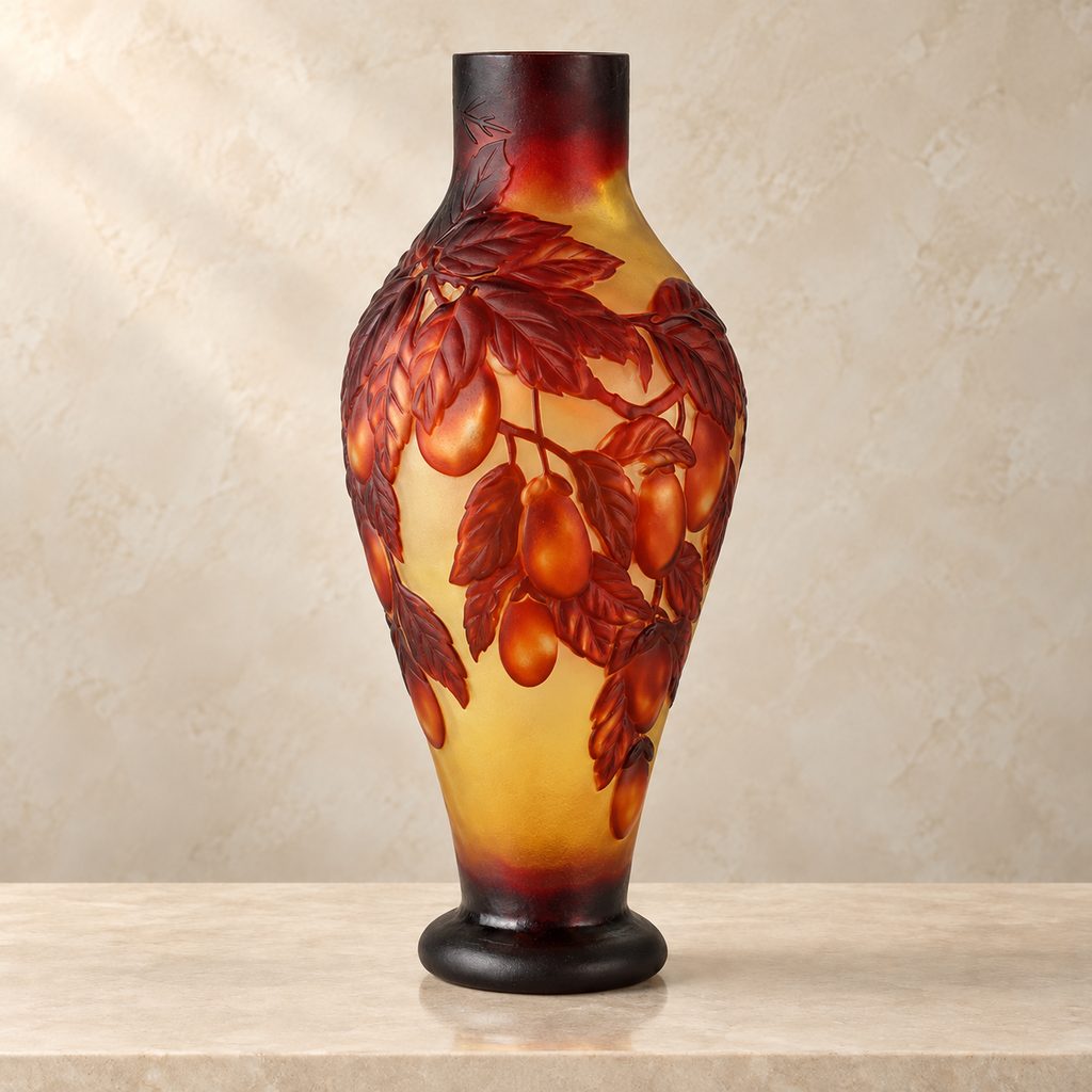 Vase balustre en verre multicouche décor de prunes, face prunes