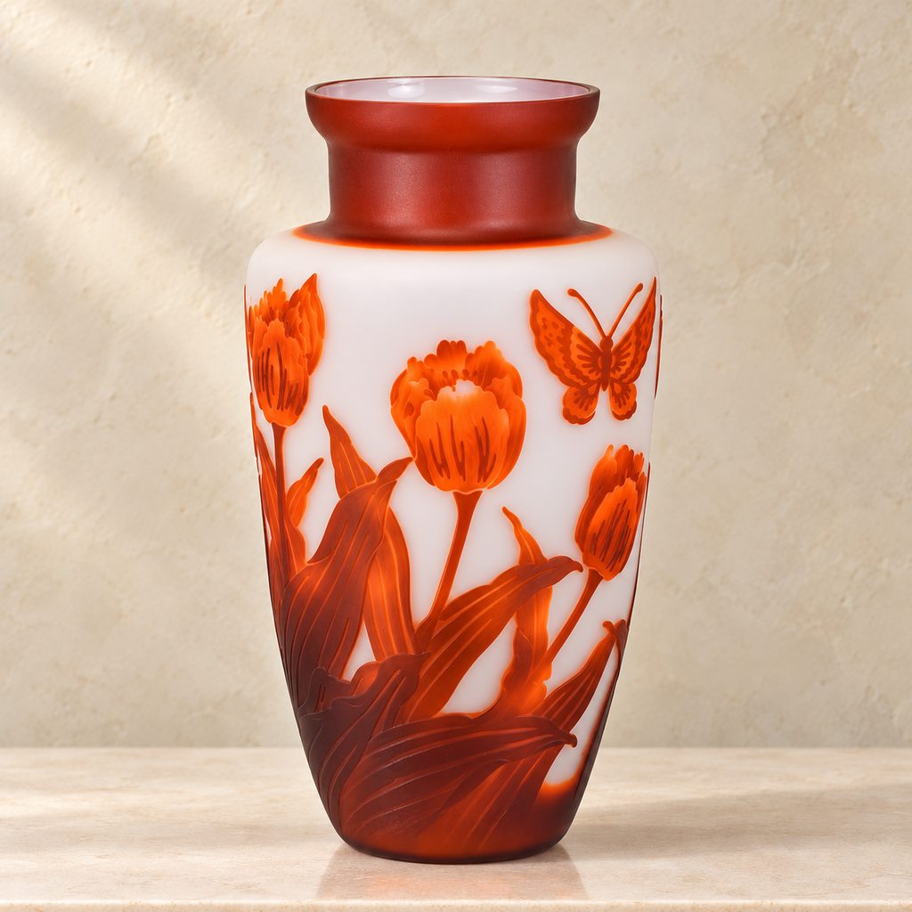 Vase camée en pâte de verre décor tulipes, style Gallé, vue de trois quarts