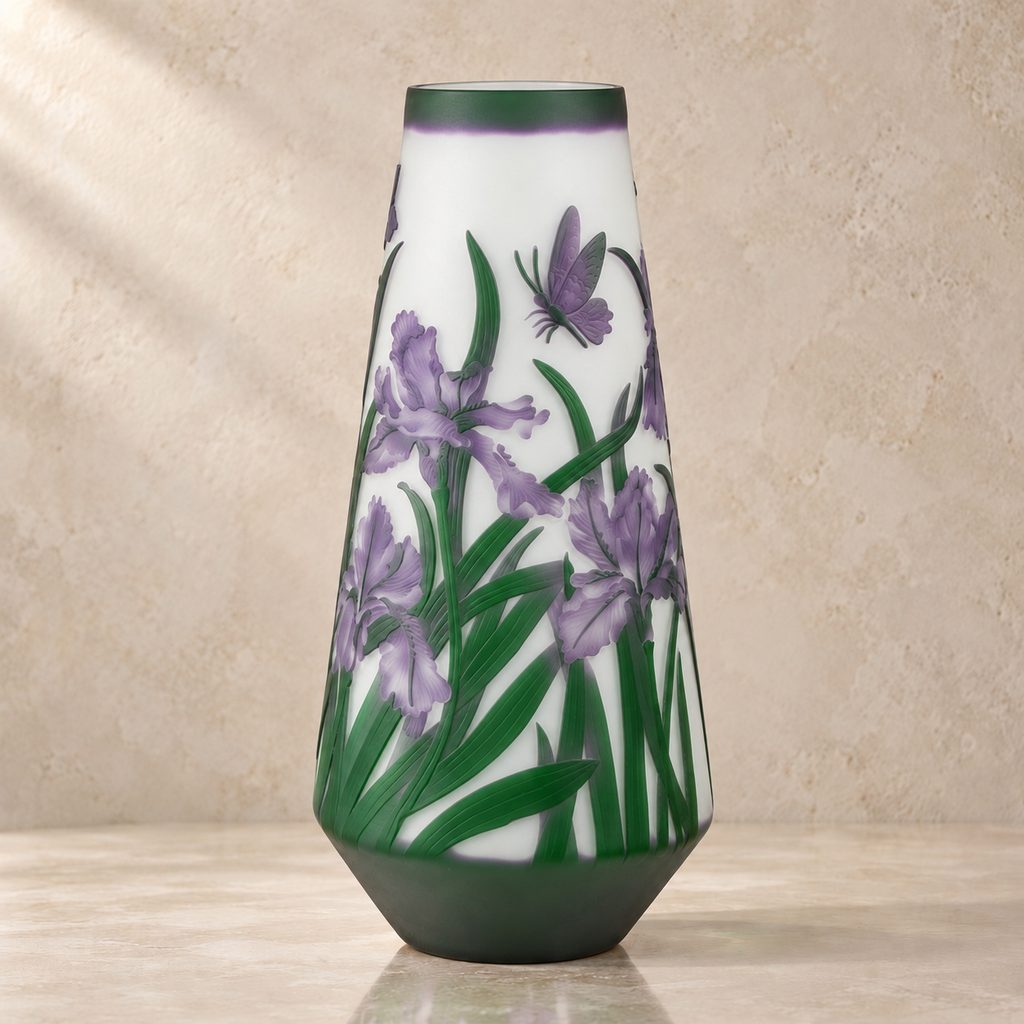 Vase camée en verre multicouche décor iris et libellule, face iris violets