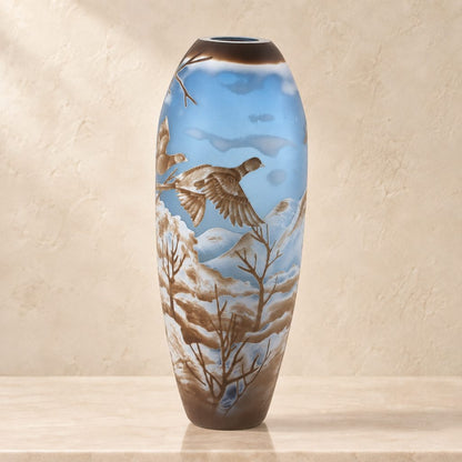 Vase camée en verre multicouche, vol de faisans en hiver, face secondaire