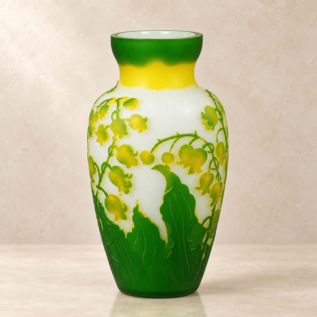 Vase en verre camée décor muguet vert et jaune, face muguet