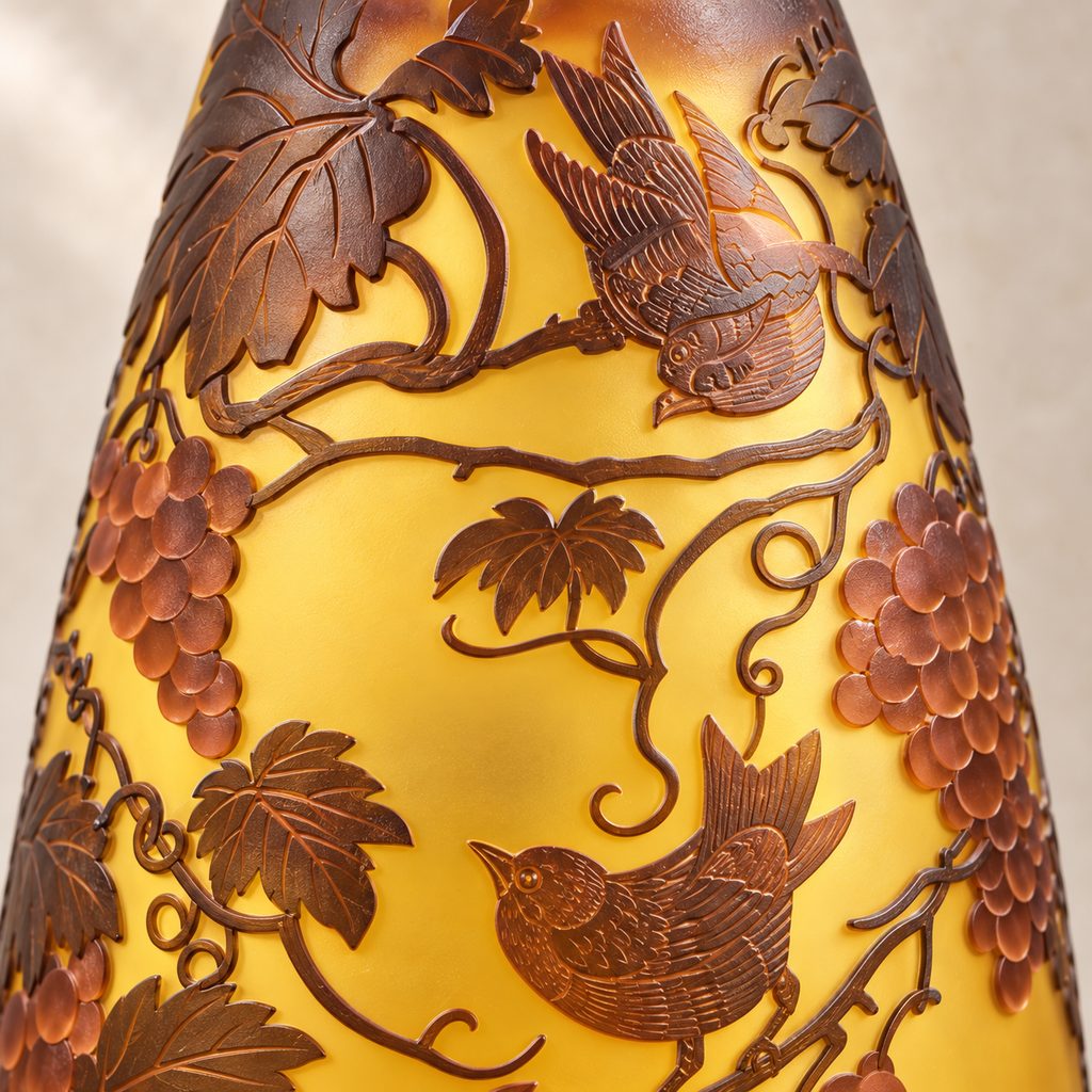 Vase en verre multicouche à décor de vigne et raisins, détail oiseaux branches