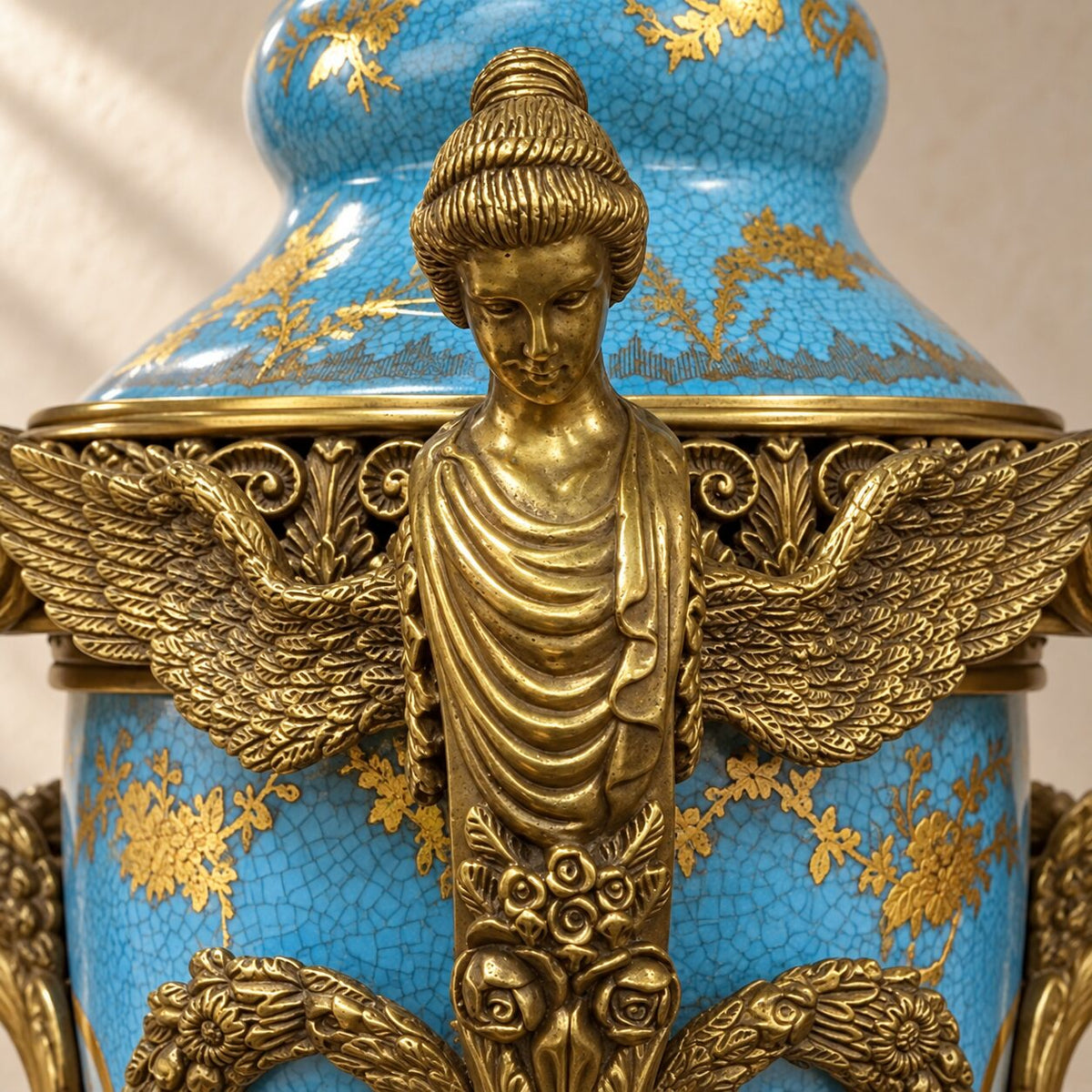 Potiche couverte en porcelaine bleu céleste et bronze doré, détail couronnement bronze doré gros plan