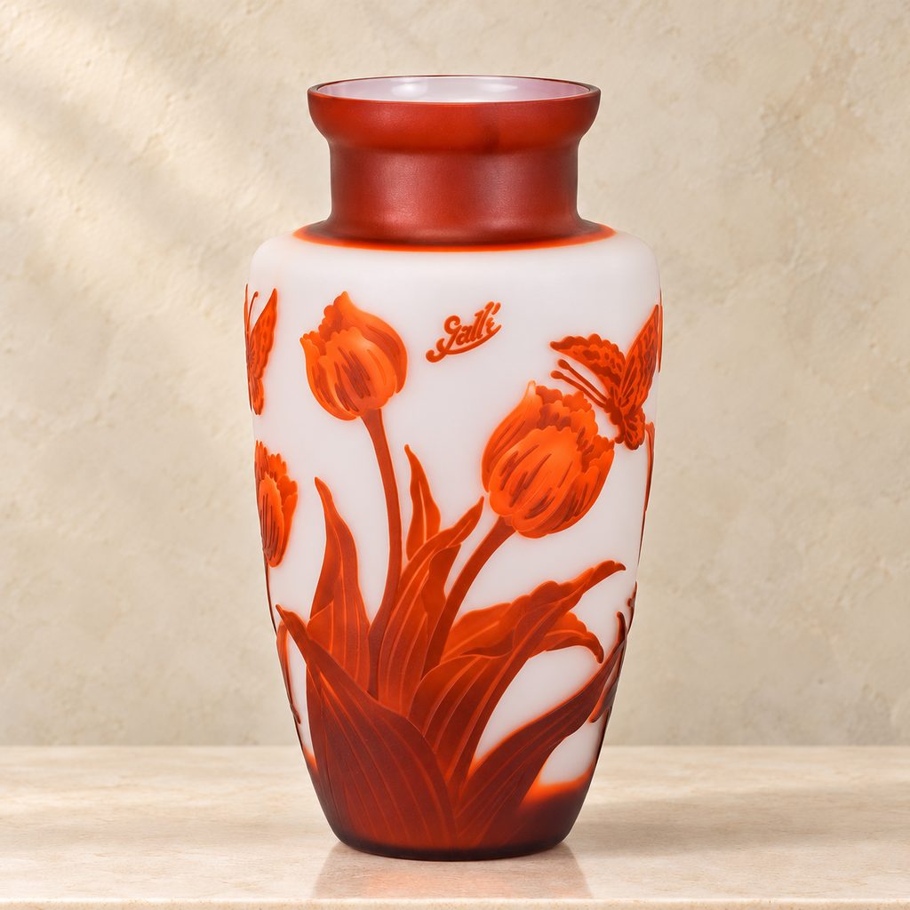 Vase camée en pâte de verre décor tulipes, style Gallé, face avec inscription gravée