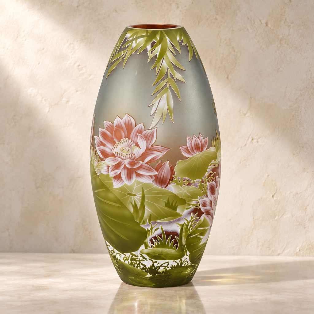 Vase camée en verre multicouche décor nénuphars et lotus, face lotus