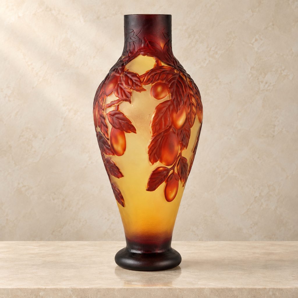 Vase balustre en verre multicouche décor de prunes, face feuillage prunes