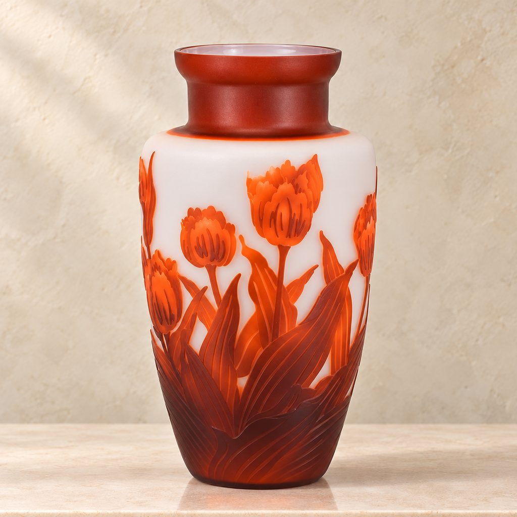 Vase camée en pâte de verre décor tulipes, style Gallé, face tulipes