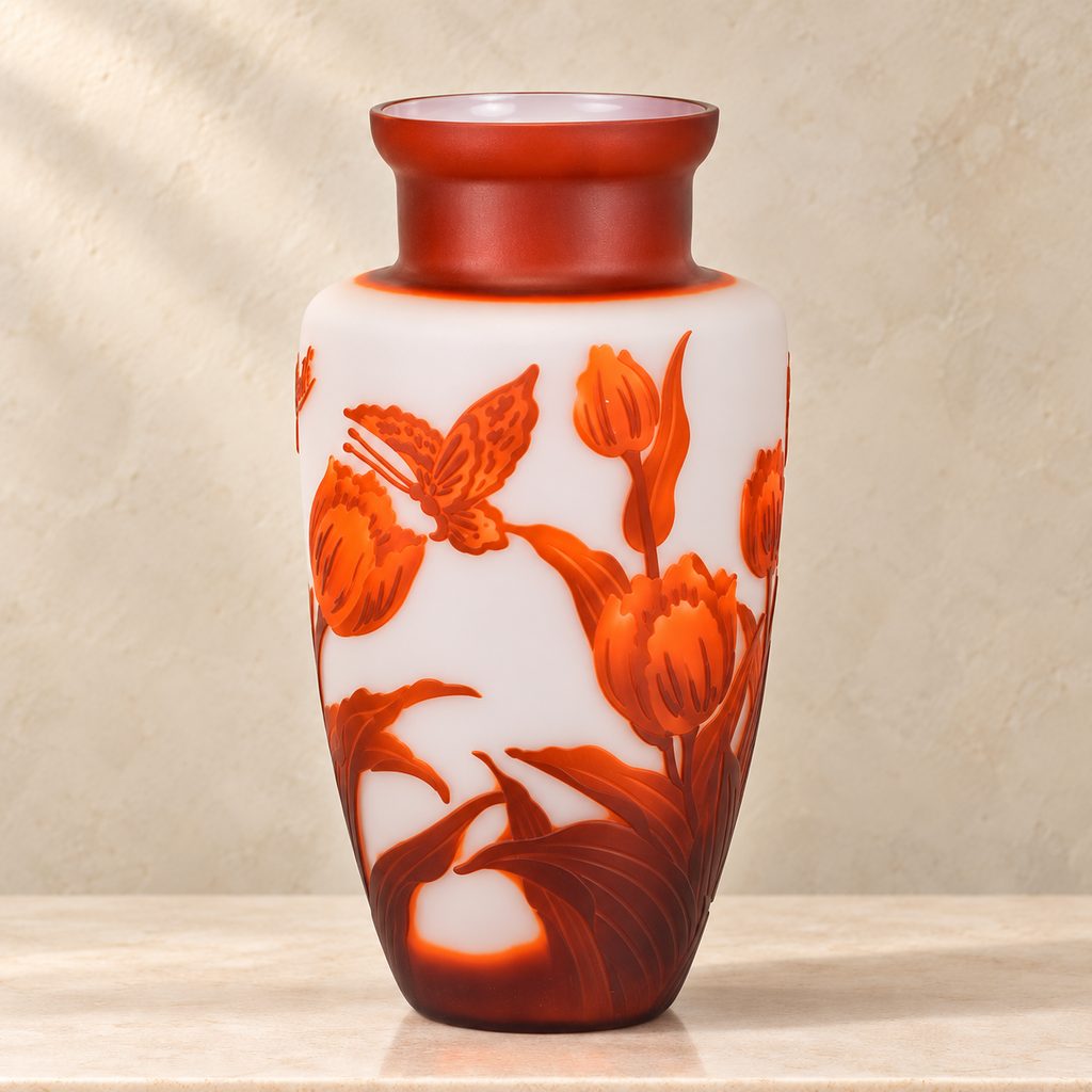 Vase camée en pâte de verre décor tulipes, style Gallé, face secondaire