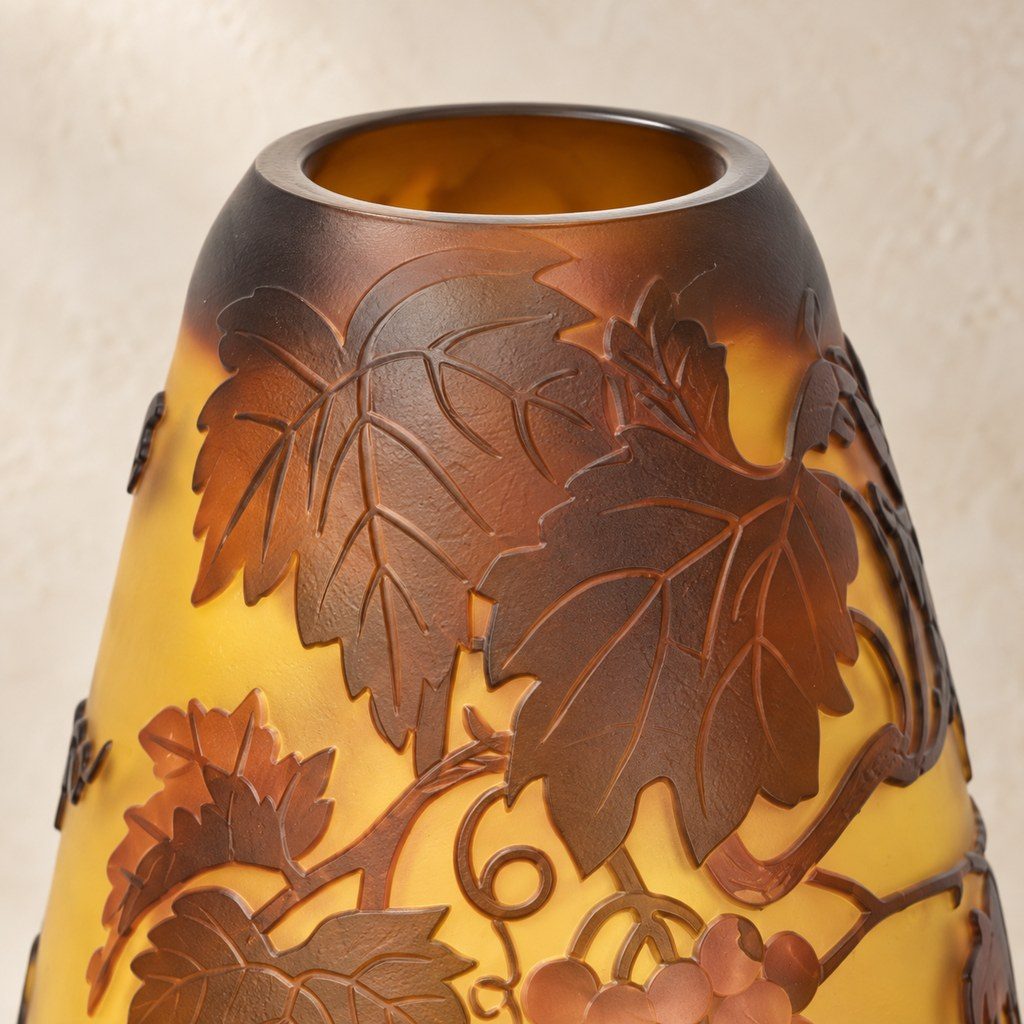 Vase en verre multicouche à décor de vigne et raisins, col et ouverture