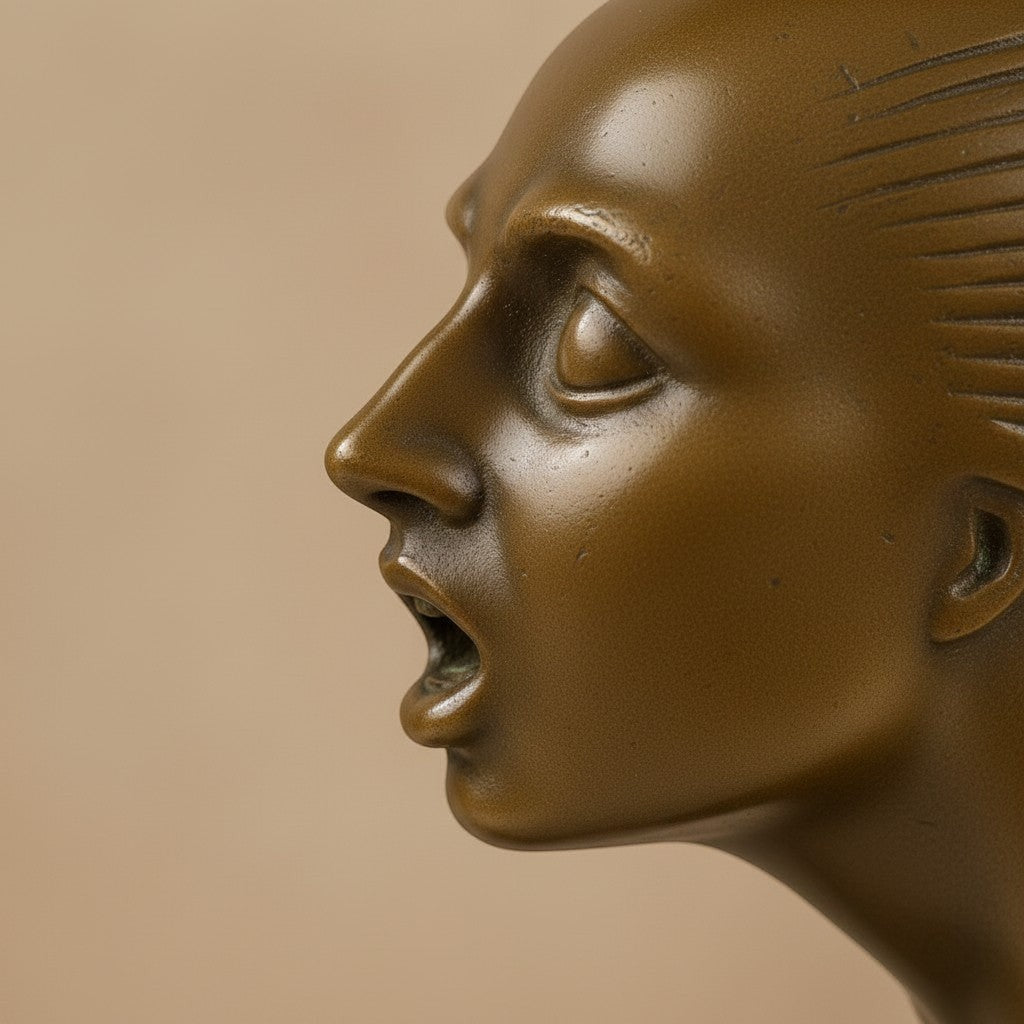 Mascotte automobile en bronze patine brun-doré, profil féminin stylisé Art Déco, vue de côté