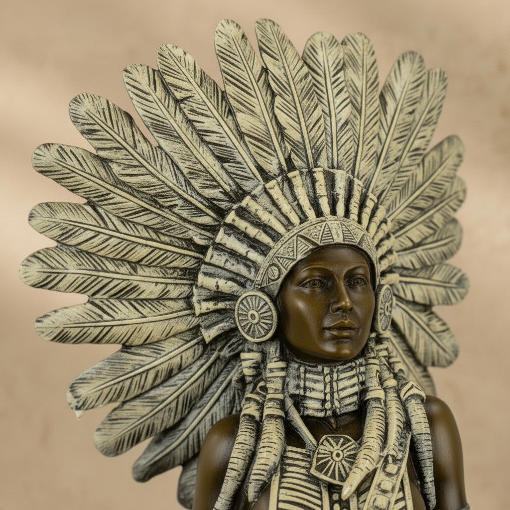 Sculpture en bronze d'un chef indien avec coiffe de plumes détaillée et patine bicolore